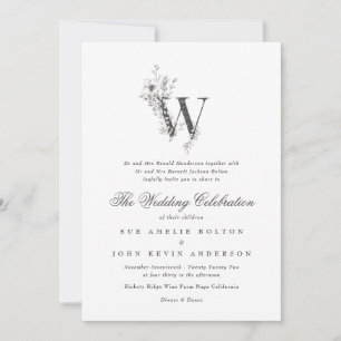 Invitación Hermoso Monograma 'W' floral Boda esbozado