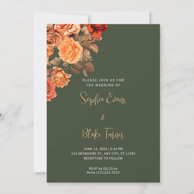 Invitación Hermoso Naranja Floral Bouquet Boda Verde (Anverso)