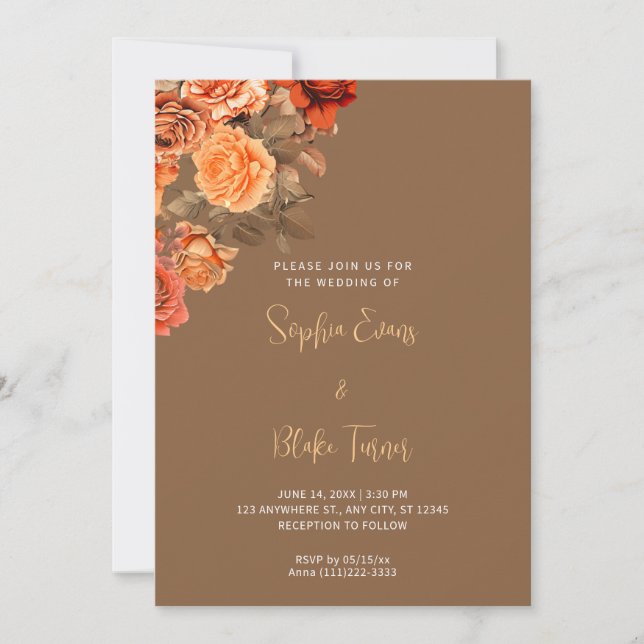 Invitación Hermoso Naranja Floral Bouquet Brown Boda (Anverso)