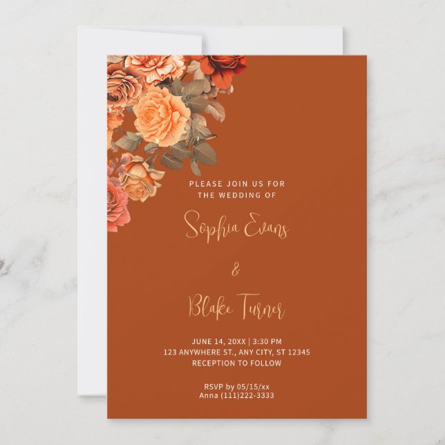 Invitación Hermoso Naranja Floral Bouquet Brown Boda (Anverso)