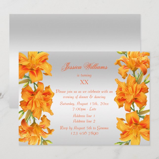 Invitación Hermoso Naranja Lilies Floral Cumpleaños (Anverso / Reverso)