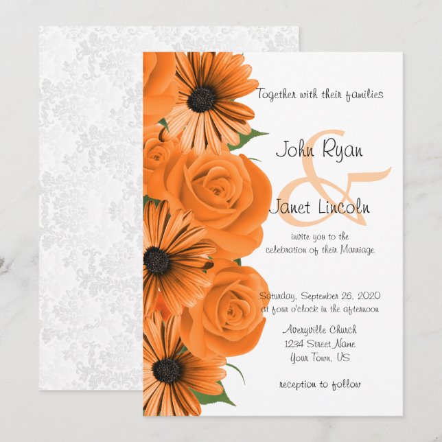 Invitación Hermoso Naranja Rosa y Boda Daisy (Anverso / Reverso)