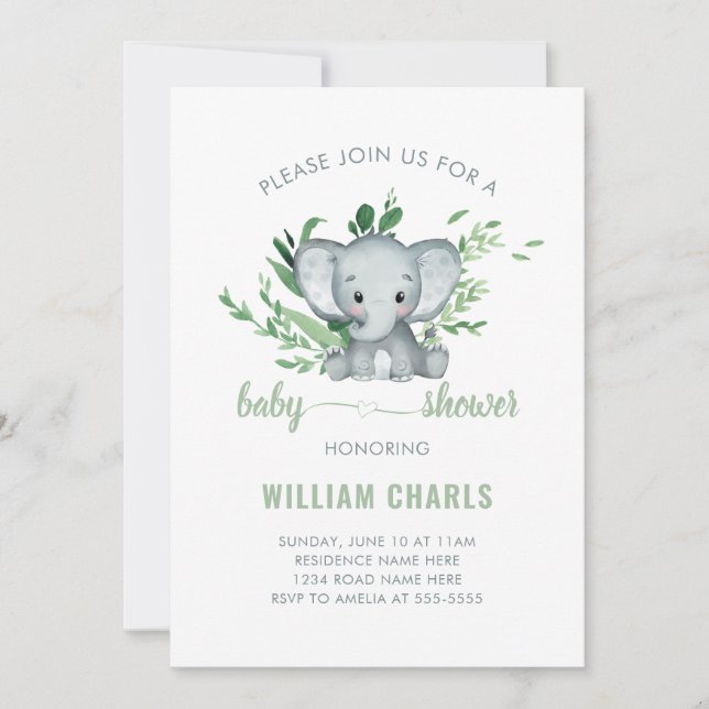 Invitación Hermoso Niño Elefante Verde Blanco (Anverso)