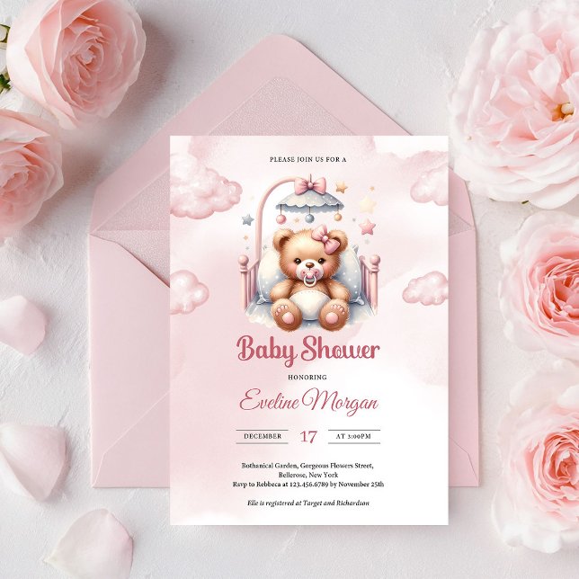 Invitación Hermoso osito de peluche rosa en cuna con estilo d (Blush Pink Teddy Bear Cloud Girl Baby Shower Invite Editable Printable Template)