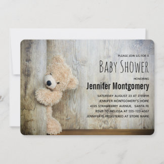 Invitación Hermoso oso de peluche Telón de madera rústica Bab