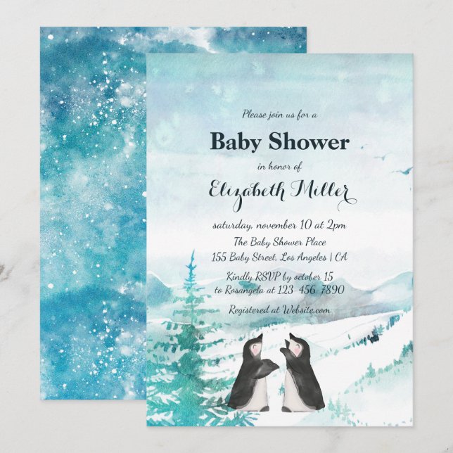Invitación Hermoso paisaje de nieve pingüino Baby Shower (Anverso / Reverso)