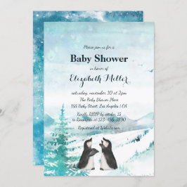 Invitación Hermoso paisaje de nieve pingüino Baby Shower