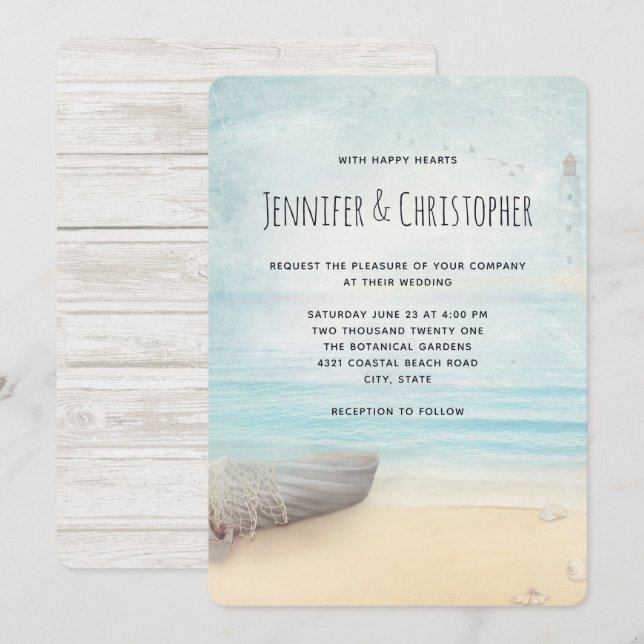 Invitación Hermoso paisaje de playa con barca y faro (Anverso / Reverso)