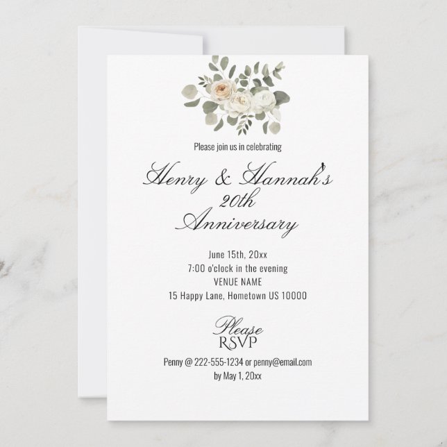 Invitación Hermoso Pastel Floral 20º ANIVERSARIO (Reverso)