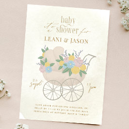Invitación Hermoso Pram Floral Rústica Flores Baby Shower