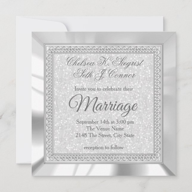 Invitación Hermoso Purpurina blanco, Boda satinado y plateado (Reverso)