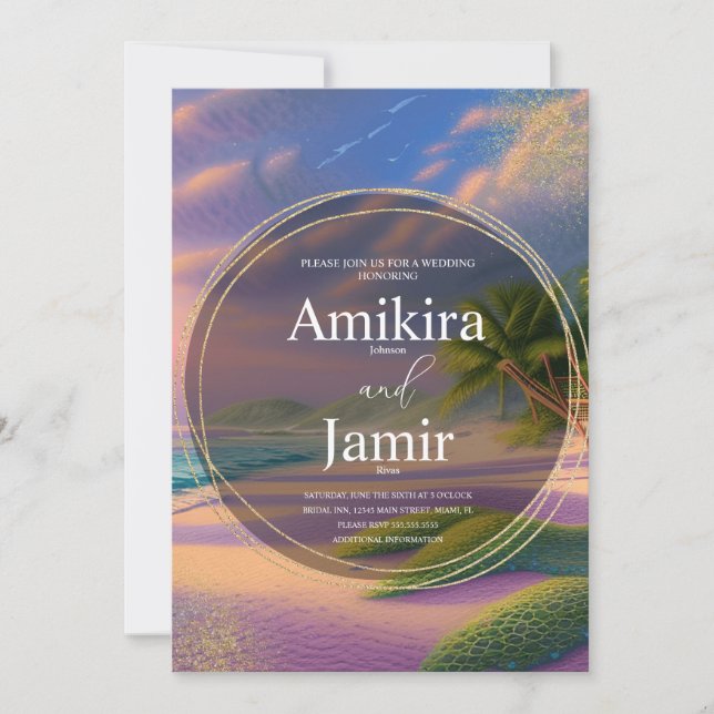 Invitación Hermoso Purpurina de fondo de playa Boda de oro (Anverso)