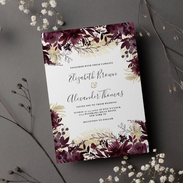 Invitación Hermoso purpurina de oro burdeos boda floral (Beautiful burgundy gold glitter floral wedding invitation )