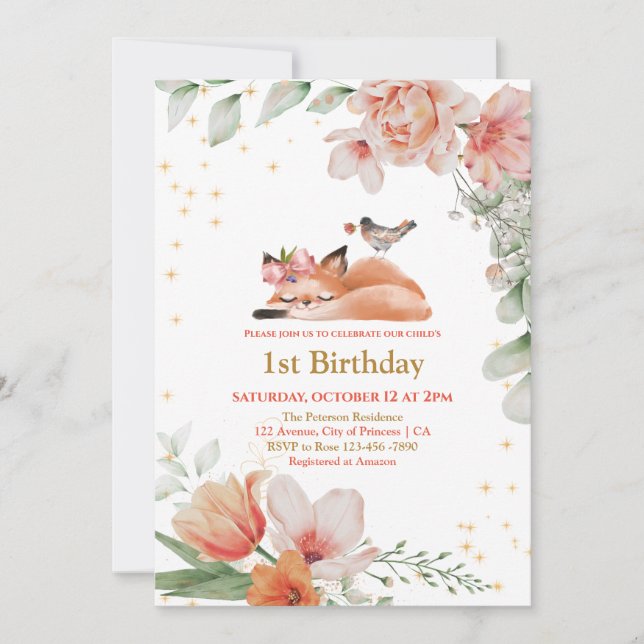 Invitación Hermoso Purpurina de oro de Fox Sleepy Primer Cump (Anverso)