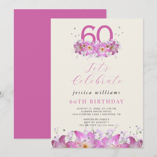 Invitación Hermoso Purpurina floral Cumpleaños (Anverso / Reverso)