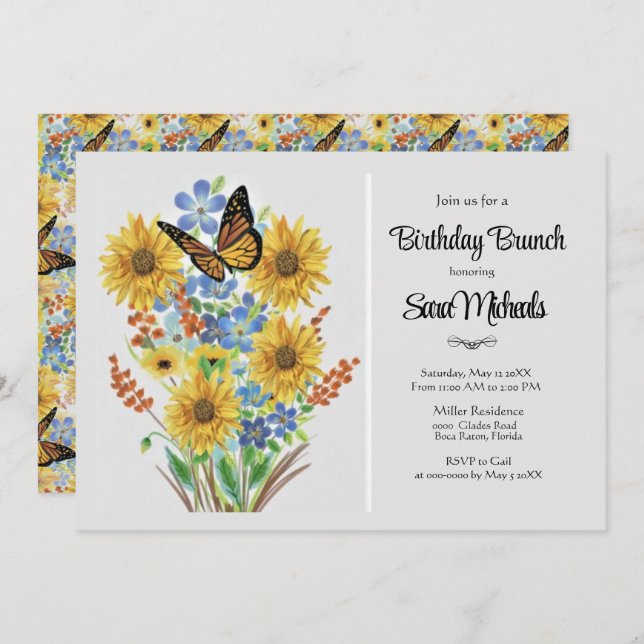 Invitación Hermoso ramo de flores cumpleaños Brunch  (Anverso / Reverso)