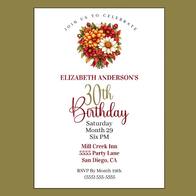 Invitación Hermoso ramo de flores de otoño para 30 cumpleaños (Pretty Fall Flower Bouquet 30th Birthday Invitation For Women.)