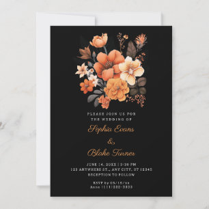 Invitación Hermoso Ramo Floral Naranja Boda Otoño Negro