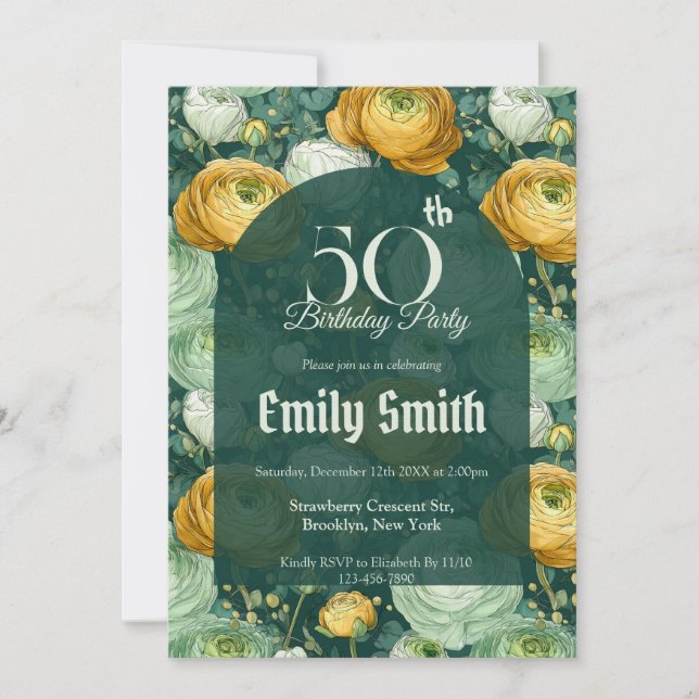 Invitación Hermoso Ranunculus Cumpleaños De Lujo Para Niña (Anverso)