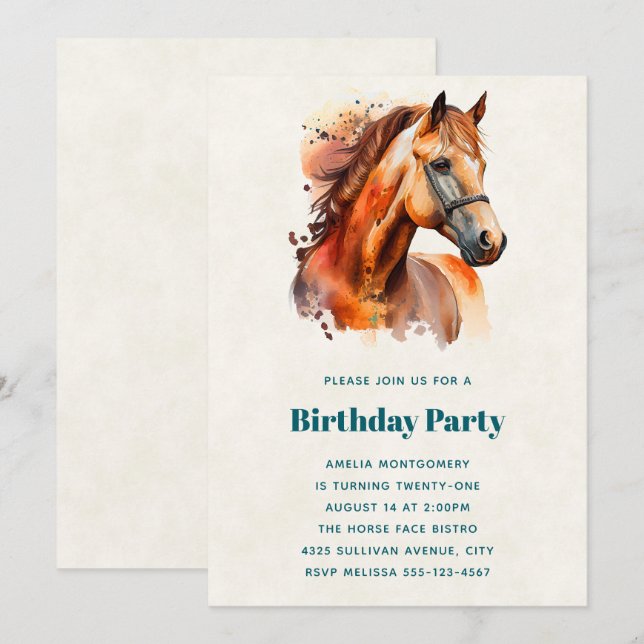 Invitación Hermoso retrato de caballo alazán de cumpleaños (Anverso / Reverso)