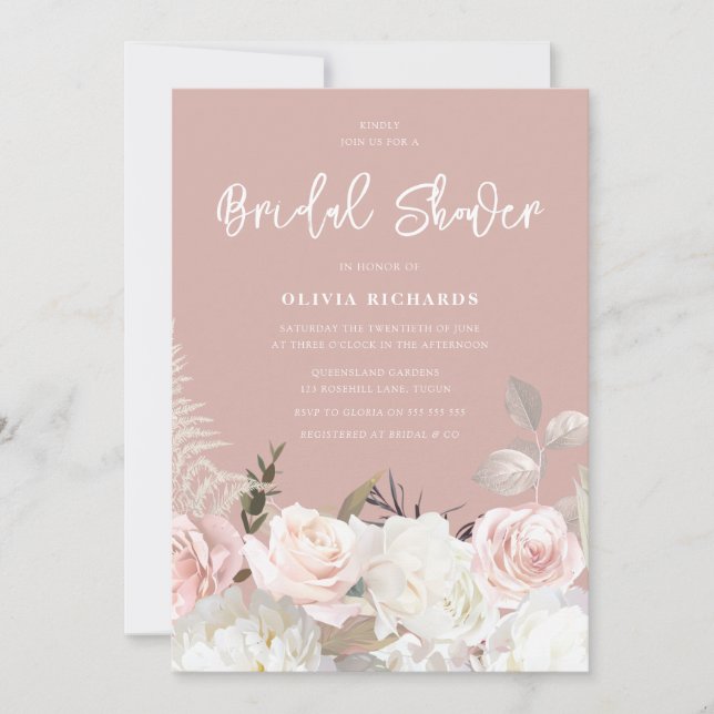 Invitación Hermoso Rosa Botánico All Seasons Bridal Shower (Anverso)