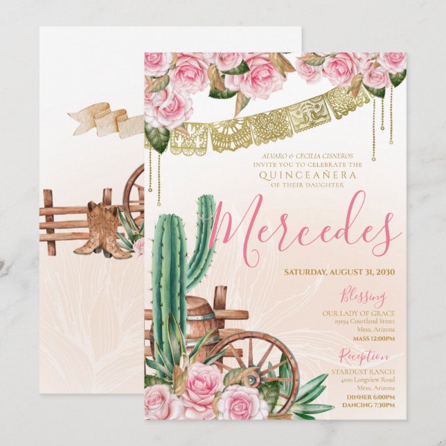 Invitación Hermoso Rosa de Cactus Charro Occidental Quinceane (Anverso / Reverso)