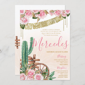 Invitación Hermoso Rosa de Cactus Charro Occidental Quinceane