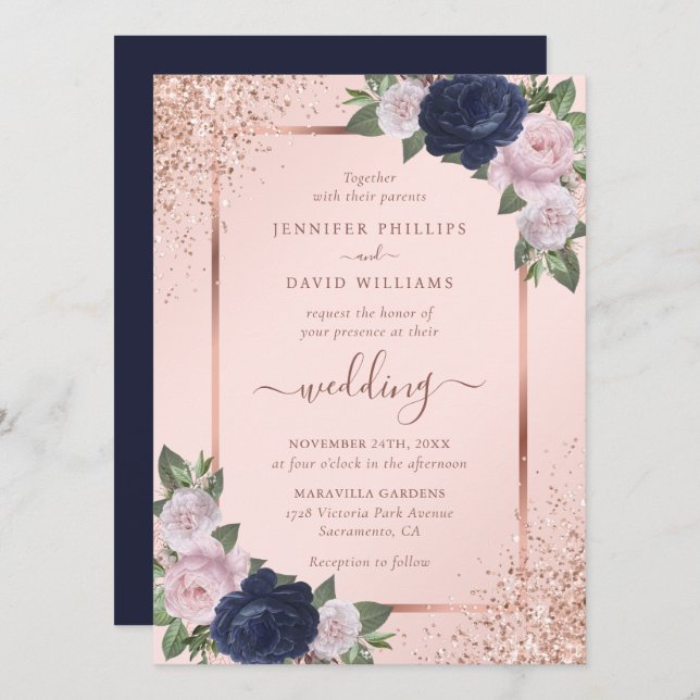 Invitación Hermoso Rosa  de la Marina Azul Boda Floral Rubor (Anverso / Reverso)