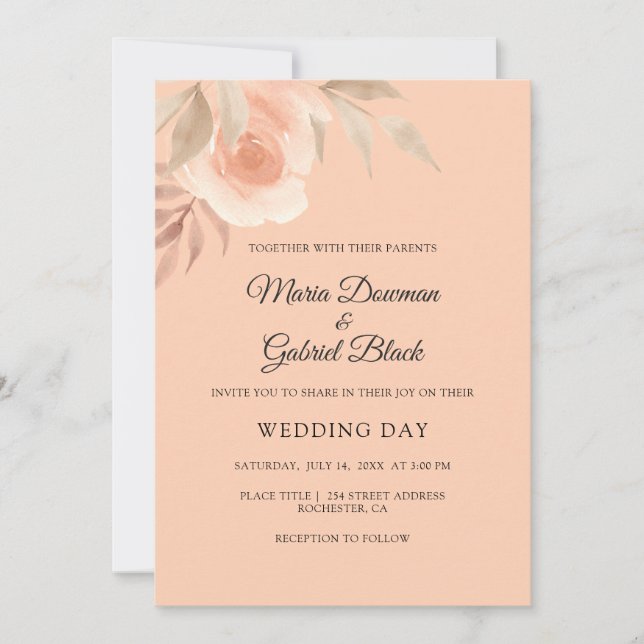 Invitación Hermoso rosa de melocotón. Boda de flores de jardí (Anverso)