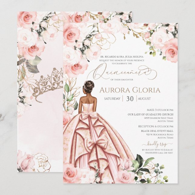 Invitación Hermoso Rosa de Rubor Bonito vestido rosa Quincean (Anverso / Reverso)