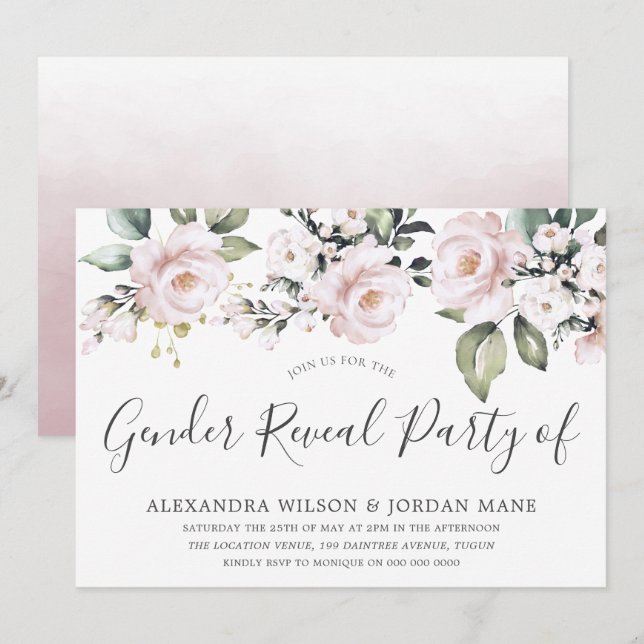 Invitación Hermoso Rosa de Rubor de revelación de género Fies (Anverso / Reverso)