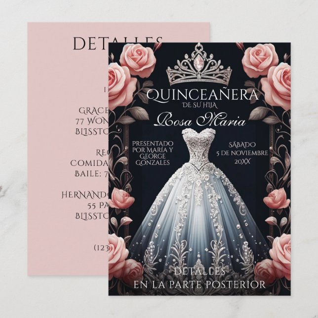 Invitación Hermoso Rosa español de Quinceañera (Anverso / Reverso)