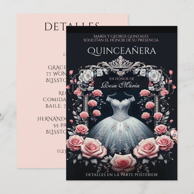 Invitación Hermoso Rosa español de Quinceañera (Anverso / Reverso)