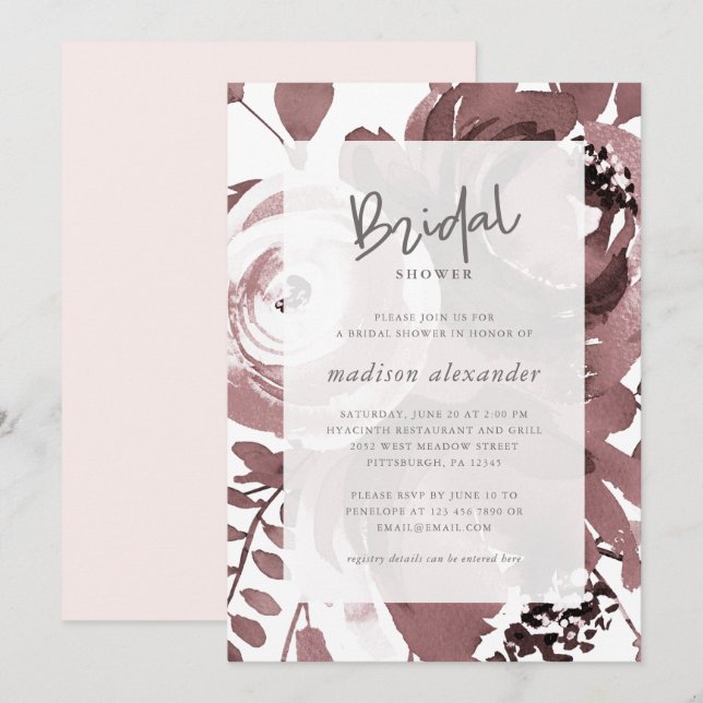 Invitación Hermoso Rosa Floral Rubor Bridal Shower (Anverso / Reverso)