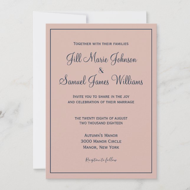 Invitación Hermoso Rosa y Boda azul (Anverso)