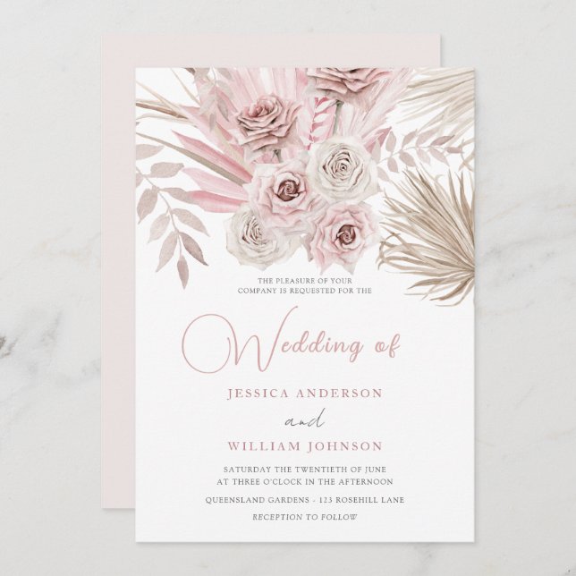 Invitación Hermoso Rosa y Boda de Rubor Ivory Boho (Anverso / Reverso)