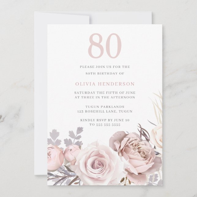 Invitación Hermoso Rosa y fiesta de cumpleaños 80 de Rubor (Anverso)