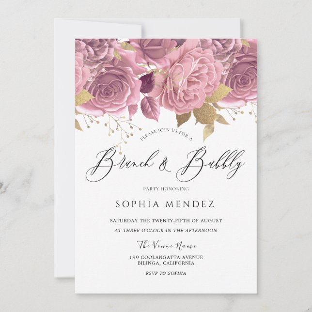 Invitación Hermoso Rubor Floral Bridal Shower Brunch Bubbly (Anverso)