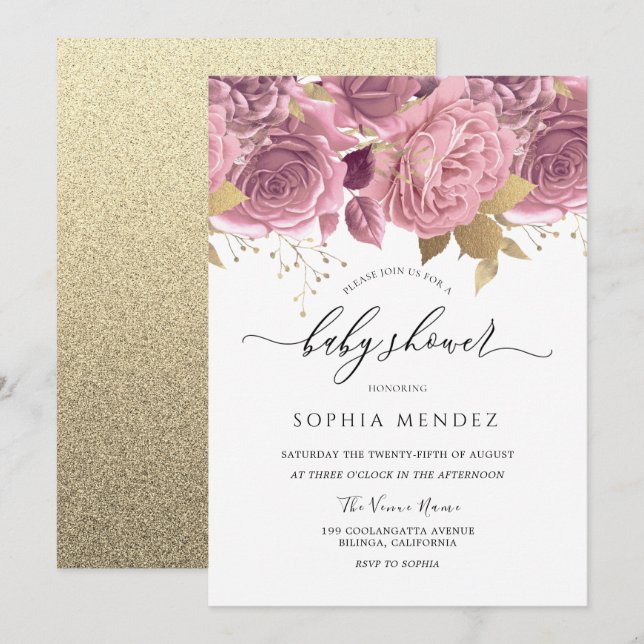 Invitación Hermoso Rubor Pink Floral Gold Baby Shower (Anverso / Reverso)