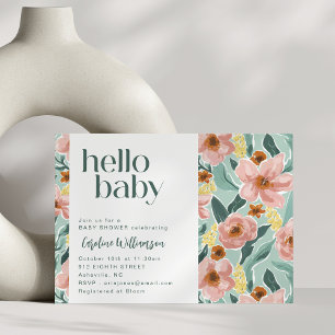 Invitación Hermoso Saludo Floral Verde Sage Rosa para Baby Sh