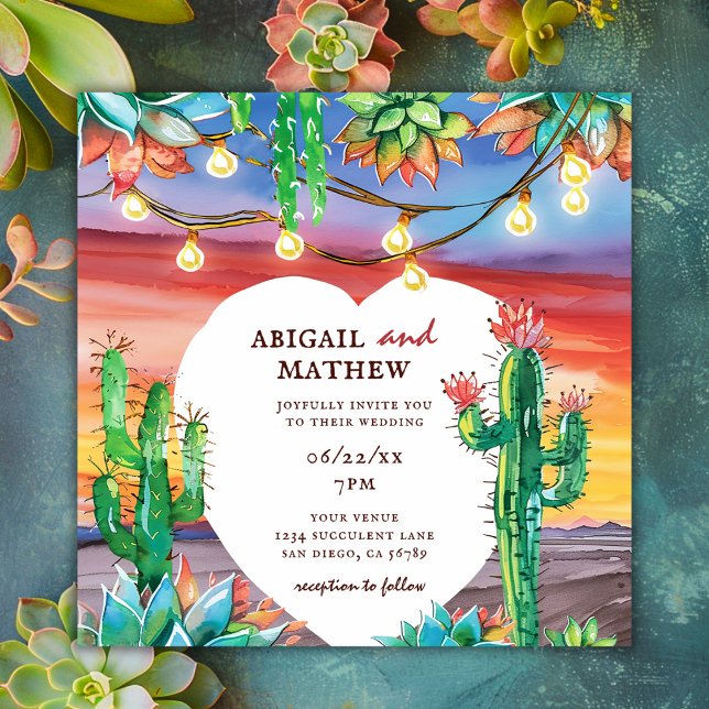 Invitación Hermoso Suculento Cactus Sunset Heart Boda (Subido por el creador)