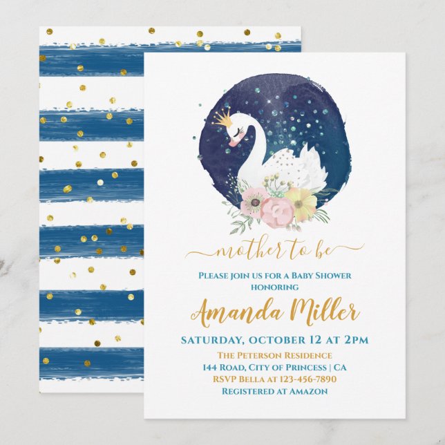 Invitación Hermoso Swan Delicada Marina Blue Boy Baby Shower (Anverso / Reverso)