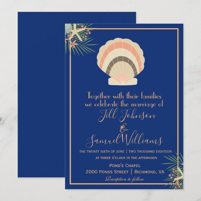 Invitación Hermoso tema de la playa Seashell Boda azul (Anverso / Reverso)