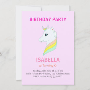 Invitación Hermoso Unicornio en Cumpleaños de 6 años con fond