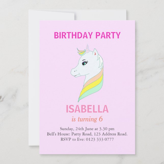 Invitación Hermoso Unicornio en Cumpleaños número 6 de fondo  (Anverso)