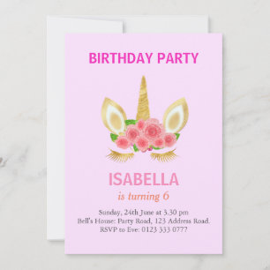 Invitación Hermoso Unicornio en Cumpleaños número 6 de fondo 