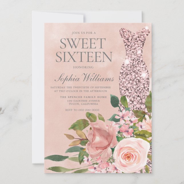 Invitación Hermoso vestido de espuma rosada Rosa dulce de oro (Anverso)