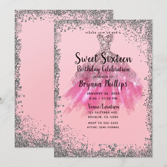 Invitación Hermoso vestido de fiesta rosa con brillo plateado (Anverso / Reverso)