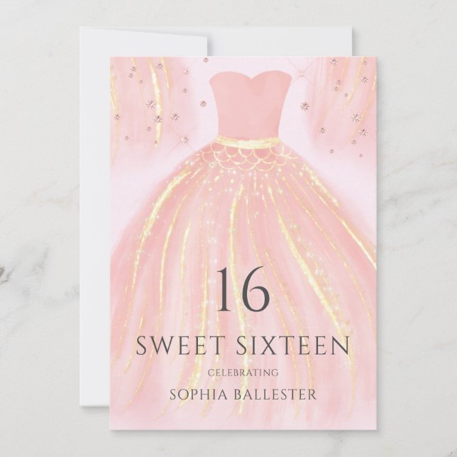 Invitación Hermoso vestido de sirena rosa de Rubor dulce 16 F (Anverso)