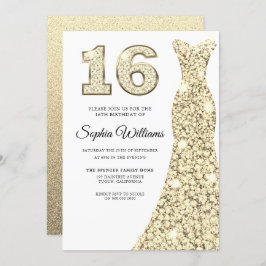 Invitación Hermoso vestido dorado 16 cumpleaños dulce 16